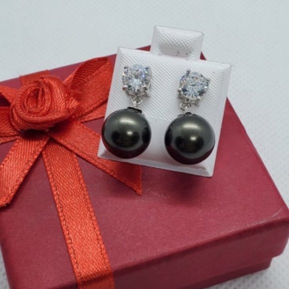 925 Silver CZ and Dangling Pearl Earrings - Picture 5 of 6